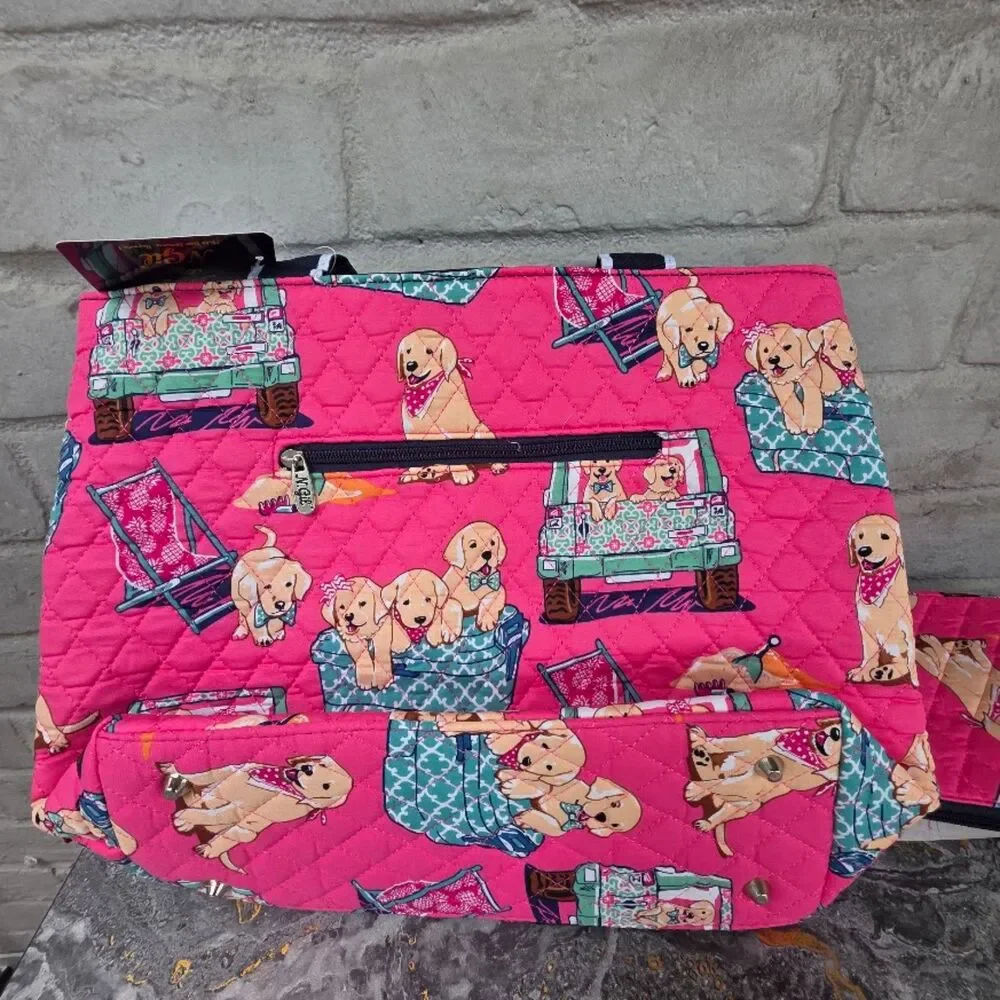 N.Gil Quilted Tote Bag Set Pink Golden Retriever Puppy Dog Print 3 Piece NWT